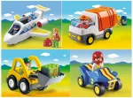 Véhicules: avion de ligne + camion poubelle + chargeur et ouvrier + quad